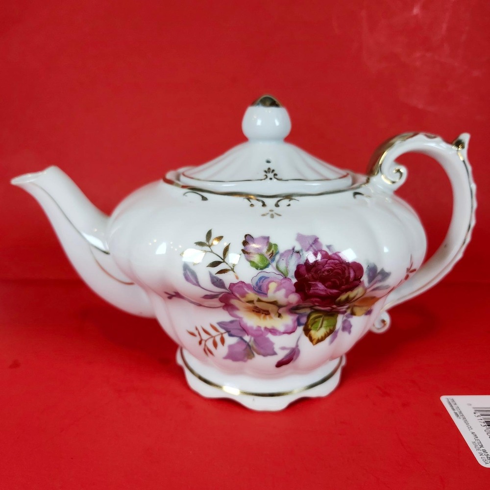 Vintage Musical Teapot White Floral Gold‎ Trim Wind Up Novelty Collectible
